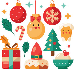 Vector art of a festive collection of christmas ornaments and decorations, including baubles, a gift box, candy cane, holly, and a christmas tree, all isolated on a for easy use in holiday designs