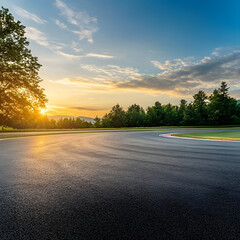 Fototapeta premium Golden sunset casting warm light over a tranquil lake surrounded by lush green trees and a dramatic sky