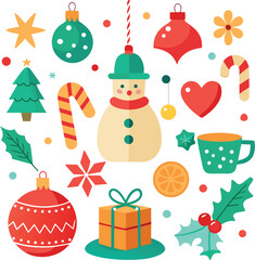 Vector art of a vibrant assortment of christmasthemed elements such as a snowman, christmas tree, ornaments, candy canes, a gift, and holly, all isolated on a