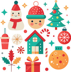 Vector art of a collection of festive christmas icons including a snowman, christmas tree, house, gift box, candy cane, and ornaments, all isolated on a