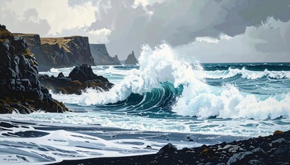 A powerful ocean wave crashes onto a rocky shore under a dramatic, cloudy sky with distant cliffs visible