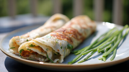 Savory Chinese Jianbing Crepe served with Fresh Green Onions on a Plate in Natural Light