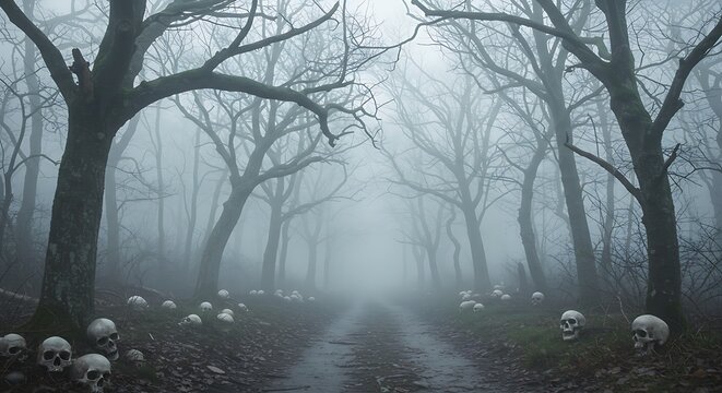 Spooky misty forest road with bare trees and skulls in a foggy landscape