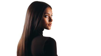 A woman with long black hair, looking over her shoulder with an elegant expression on her face, isolated on white.