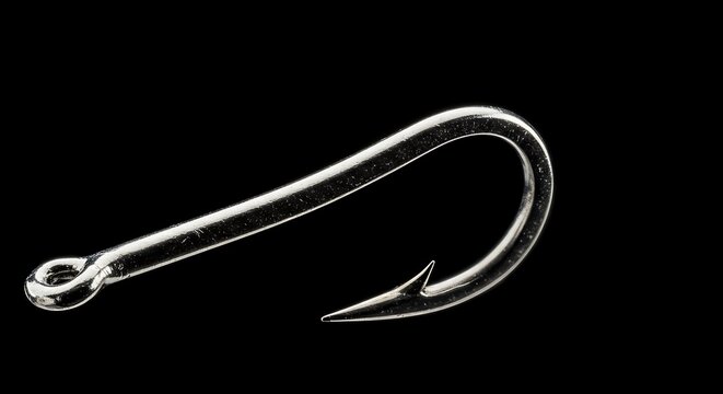 Close-up Macro Shot of a Shiny Metal Fishing Hook Against a Black Background