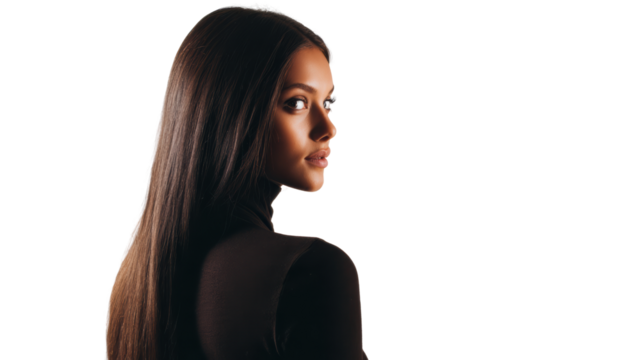 A woman with long black hair, looking over her shoulder with an elegant expression on her face, isolated on white.