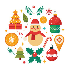 Vector art of a circular arrangement of cheerful christmas and winter holiday icons, featuring a snowman, decorated tree, ornaments, holly, candy cane, and citrus slices, all isolated on a