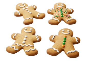 Four charming light-colored sugar man cookies, meticulously decorated with white royal icing smiles, candy buttons, and sprinkles, on a transparent background, festive holiday baking concept
