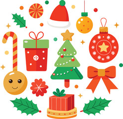 Vector art of assortment of festive christmas elements such as a candy cane, gift box, christmas tree, baubles, holly leaves, and a cute bow