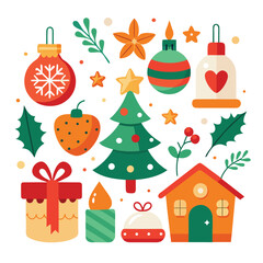 Vector art of charming christmas collection featuring a small house, christmas tree, ornaments, gifts, holly, berries, and a candle