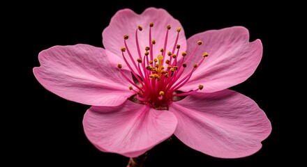 Close-up Macro Shot of a Delicate Pink Cherry Blossom Flower with Yellow Stamens on Black Background