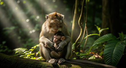 Obraz premium A mother monkey with her baby in the middle of the forest