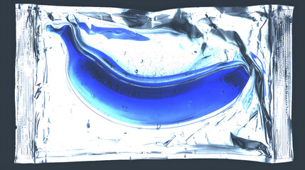 Banana under X-ray or scanning effect, glowing blue inside vacuum sealed packaging, conceptual modern art with futuristic look.