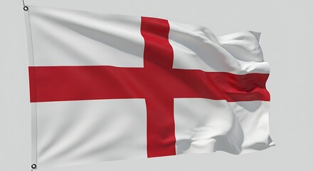 Waving flag with a red cross on white background blowing in the wind