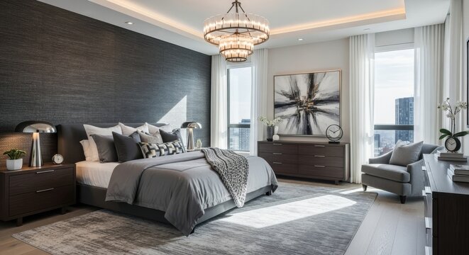 Luxurious modern bedroom suite with plush bedding and elegant decor