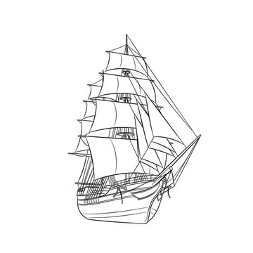 Outlined illustration of a historical sailing vessel on a white canvas