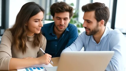 A consultant assisting a young couple at a modern office table pointing toward charts displayed on a laptop relaxed smiles exchanged under natural light atmosphere of teamwork - Powered by Adobe