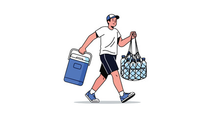 Active man carrying cooler and string bag full of water bottles on a white background showing exercise and hydration for a modern healthy lifestyle
