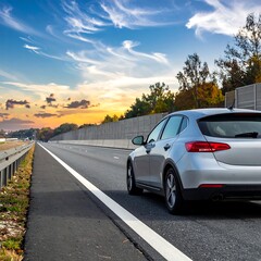 Silver car on highway at sunset