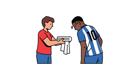 Illustrative depiction of soccer player being offered a towel after a match by a support staff member in a vibrant cartoon art style