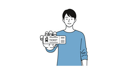 Line drawing of a smiling young man holding a train ticket, ready for transportation journey with smooth lines, isolated on a clear white background