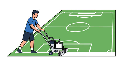 Illustration showcasing lawn care: Man using line marking machine on sports field meticulous field preparation