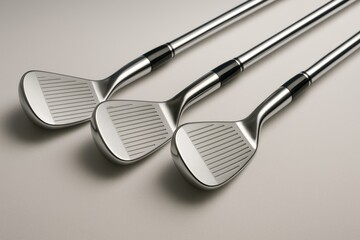 Set of three golf clubs with grooves on neutral background, ideal for sports and golf equipment imagery.