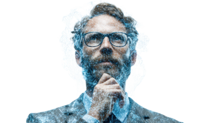 Businessman contemplating ideas, thoughtful expression, digital effects, isolated, creativity in the workplace.