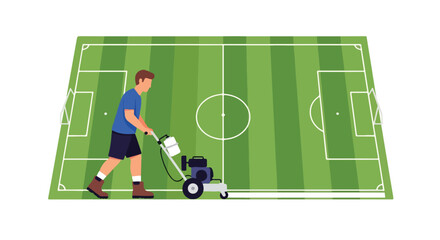 Illustrative representation showcasing a person meticulously line marking a vibrant and meticulously maintained green sports field using specialized