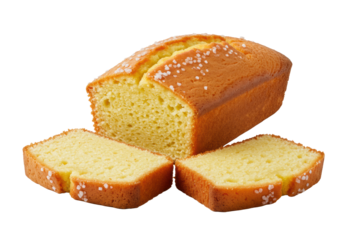 Freshly baked lemon loaf cake, golden-brown crust, sugar speckles, partially sliced, two moist pale yellow crumb pieces on a transparent background, concept of inviting homemade deliciousness