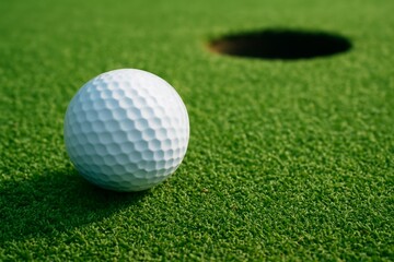 Close-up of golf ball on green putting surface near hole, showcasing the texture and details of the ball.