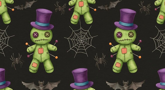 Spooky voodoo doll pattern with halloween symbols on dark background - Powered by Adobe