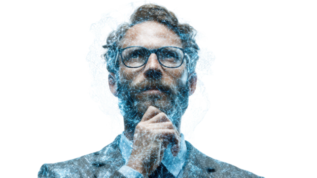 Businessman contemplating ideas, thoughtful expression, digital effects, isolated, creativity in the workplace.