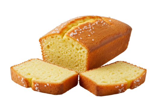 Freshly baked lemon loaf cake, golden-brown crust, sugar speckles, partially sliced, two moist pale yellow crumb pieces on a transparent background, concept of inviting homemade deliciousness