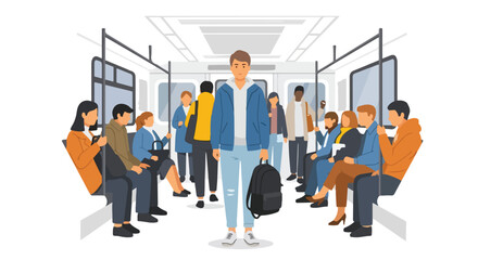Diverse group of commuters traveling inside a modern public transit train carriage during busy hours,  depicting urban life and shared journeys on a
