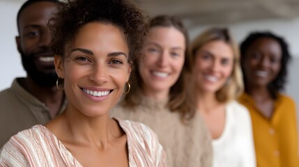 Fototapeta premium A diverse group of smiling people standing together, with a focus on a beautiful young woman, representing teamwork, unity, and professional success