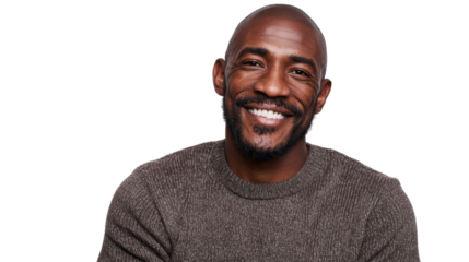 Cheerful man smiling warmly in a cozy sweater, white isolated background.