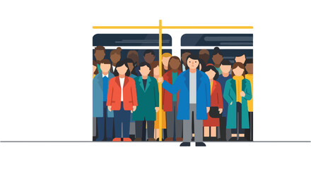 Stylized illustration of diverse commuters standing in a subway car during rush hour, flat vector design symbolizing urban life and public