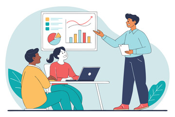 Business Presentation and Data Analysis vector. Team Meeting with Charts and Graphs. Business management training. 