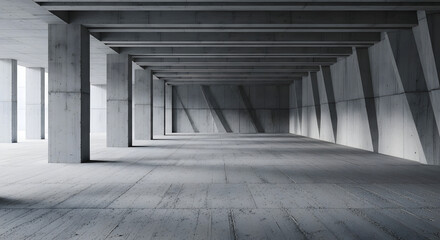 Abstract architectural space with concrete pillars and natural light creating shadows