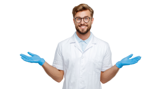 Cheerful man in a lab coat with blue gloves, smiling and gesturing with hands, white isolated background.
