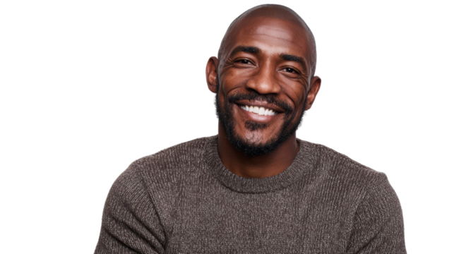 Cheerful man smiling warmly in a cozy sweater, white isolated background.