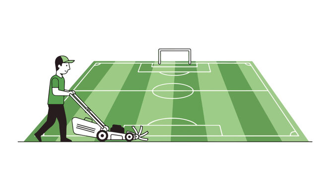 Illustration depicting a groundskeeper tending to a soccer field with a lawnmower, maintaining the turf for optimal gameplay and field quality