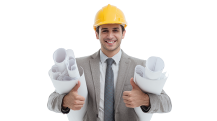 Confident businessman holding blueprints, smiling and giving thumbs up, on a white isolate background