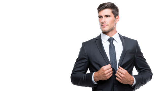 Confident businessman adjusting his suit, isolated on white background.