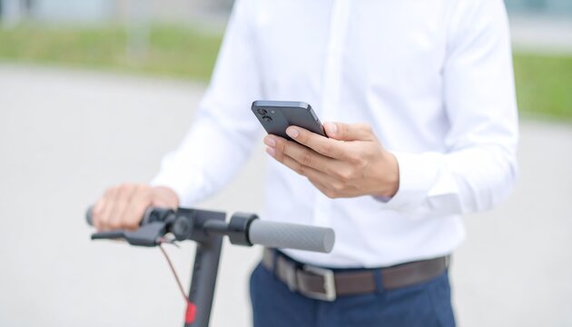 young businessman using smartphone with electric scooter near business center on city street - Powered by Adobe