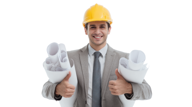 Confident businessman holding blueprints, smiling and giving thumbs up, on a white isolate background