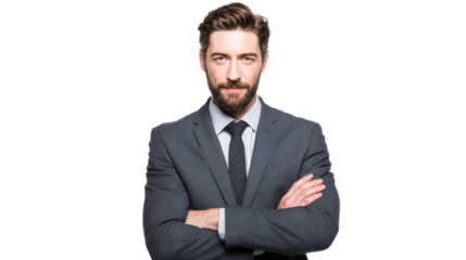 Confident businessman in suit, arms crossed, isolated on white.
