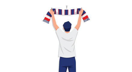 Passionate fan celebrating with team colors, raising a scarf in a gesture of triumph and fervent support for sporting success or cultural event