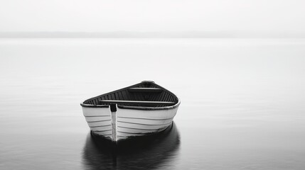 A solitary wooden boat floats calmly on a smooth, reflective body of water under a minimalistic, serene sky.